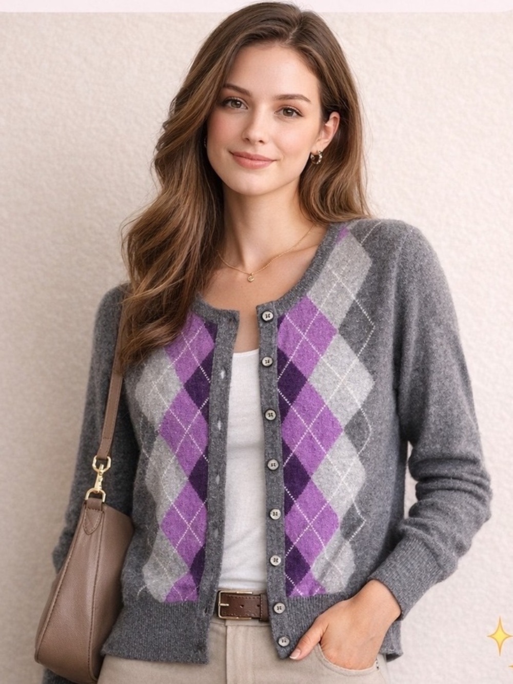 Apt. 9 Gray, Purple & Cream Argyle Button-Up cashmere Cardigan size L